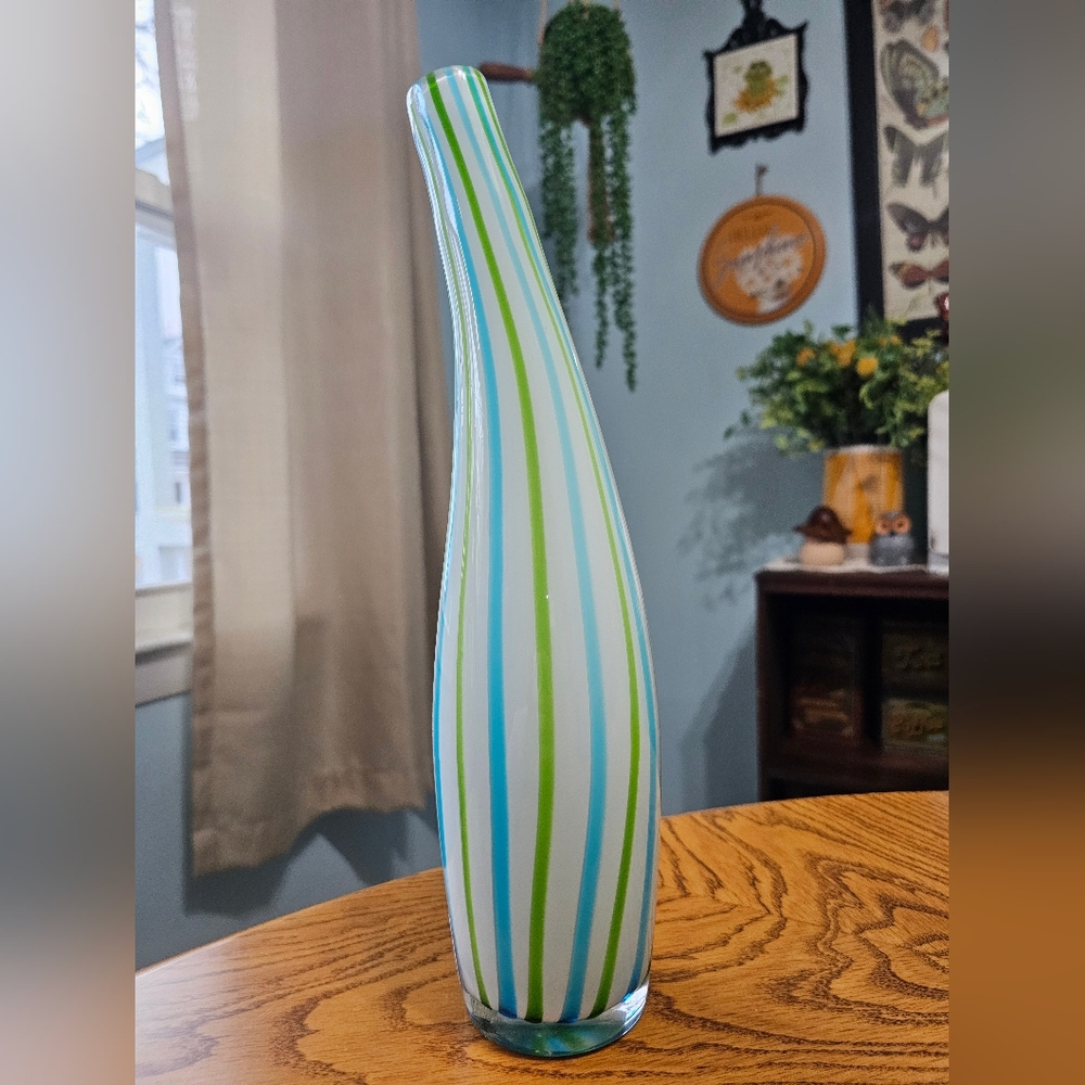Hand Blown Cased Glass White Lime Aqua Striped Tall Curve Vase Bottle 14"